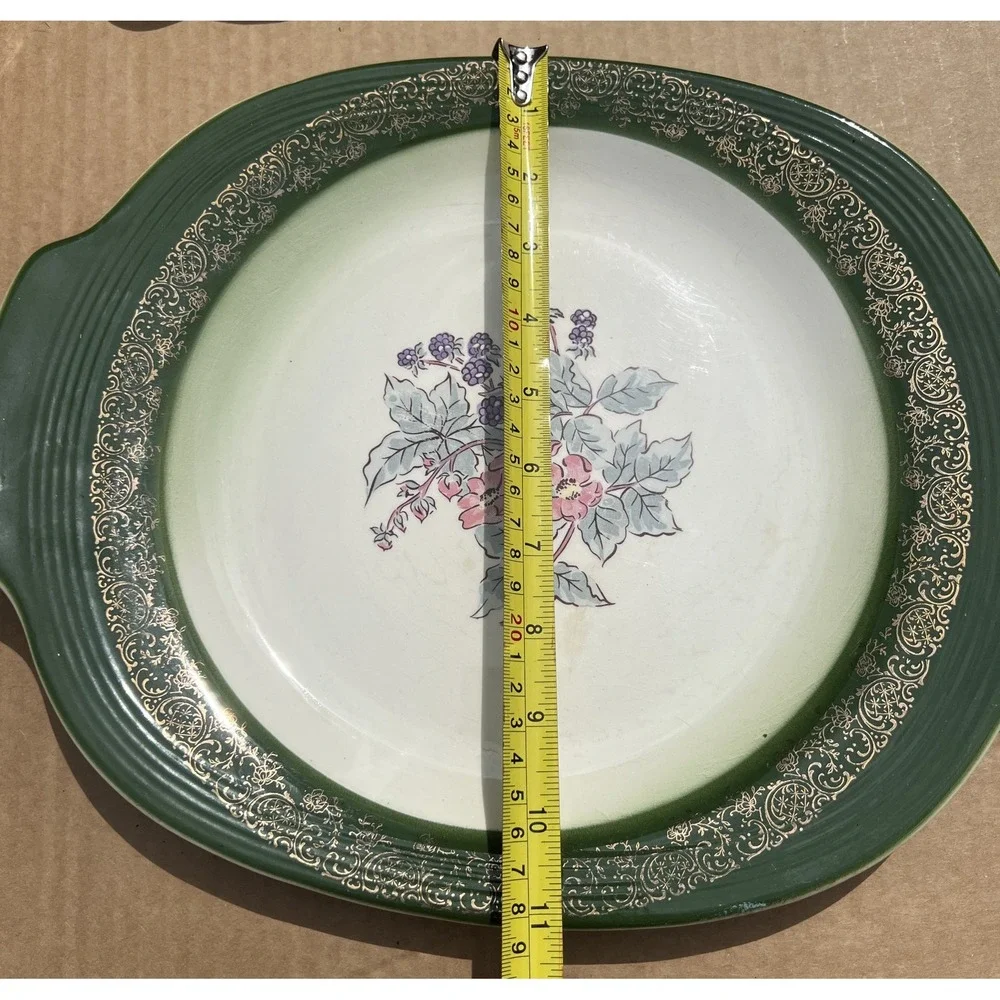 Vintage Green Gold Floral Oval Serving Platter Tray with Handles Berries Flowers